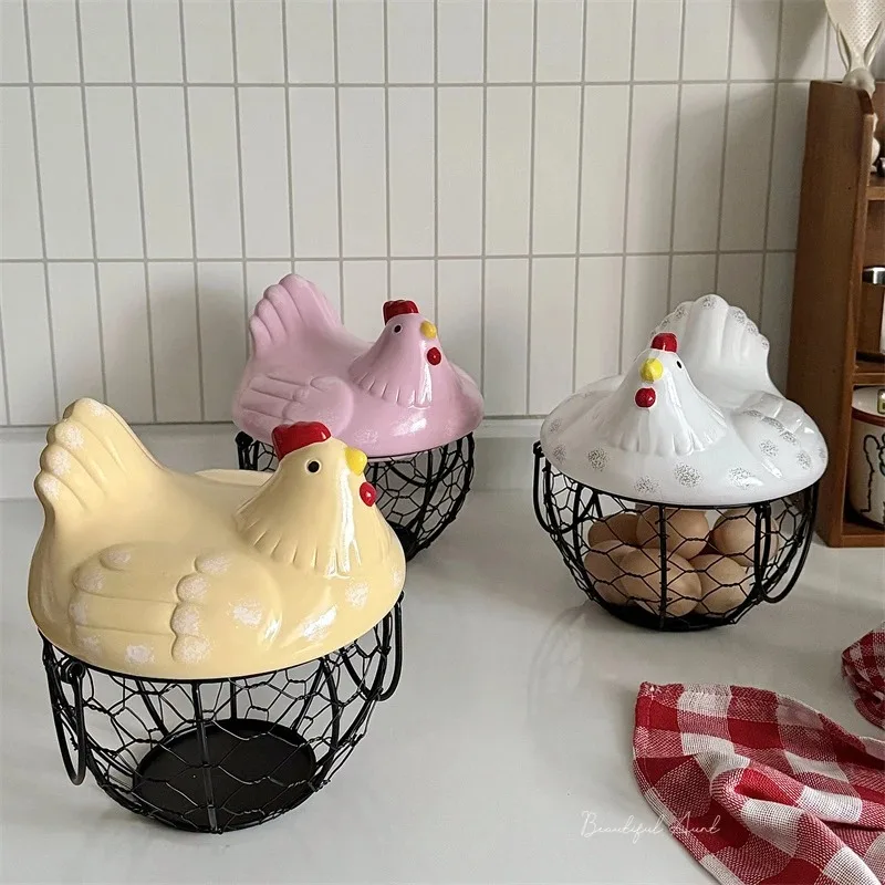 

Chicken Design Ceramic Egg Storage Basket Iron Basket Holds 15-25 Eggs, Egg Holder, Organizer Case, Container Egg Basket Holder