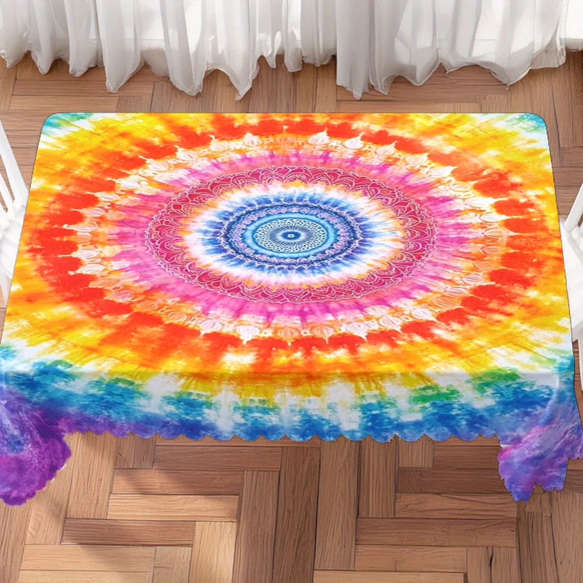 Rainbow Tie Dye Mandala Circle Print Waterproof Tablecloth, Rectangular Table Cover for Home Dining Bohemian Theme Party Decor