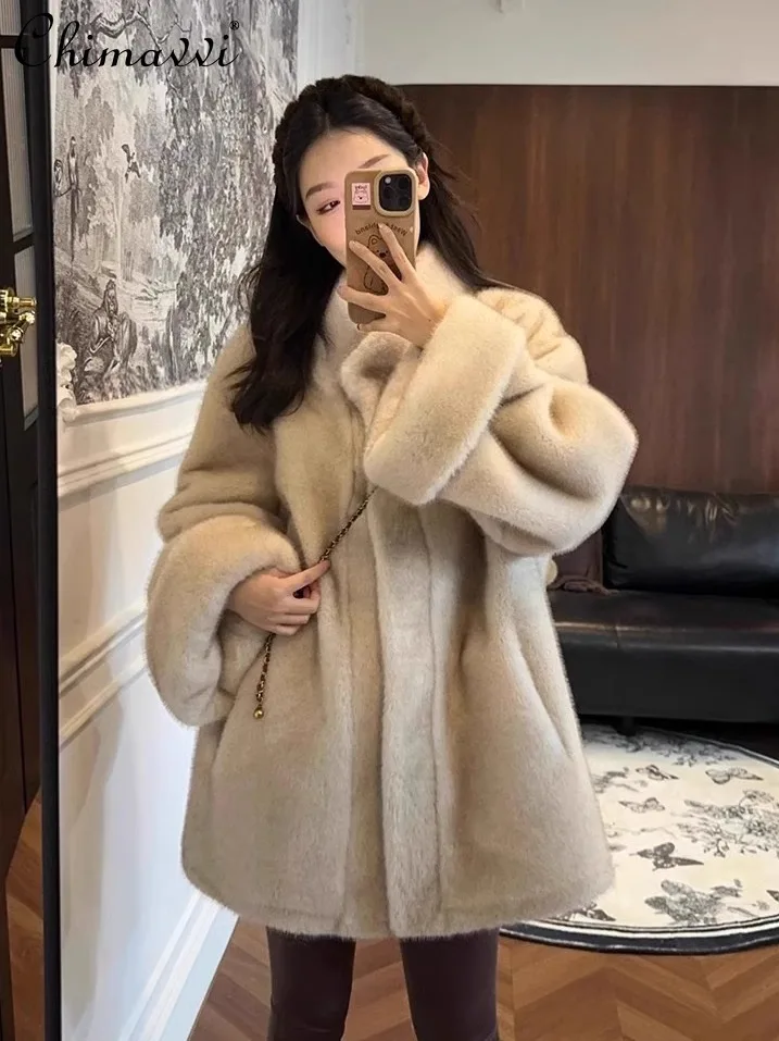

Autumn Winter New Fashion Stand-up Collar Elbow Sleeves Fleece Fur Coat Women's High-end Loose Warm Long-sleeved Faux Fur Jacket