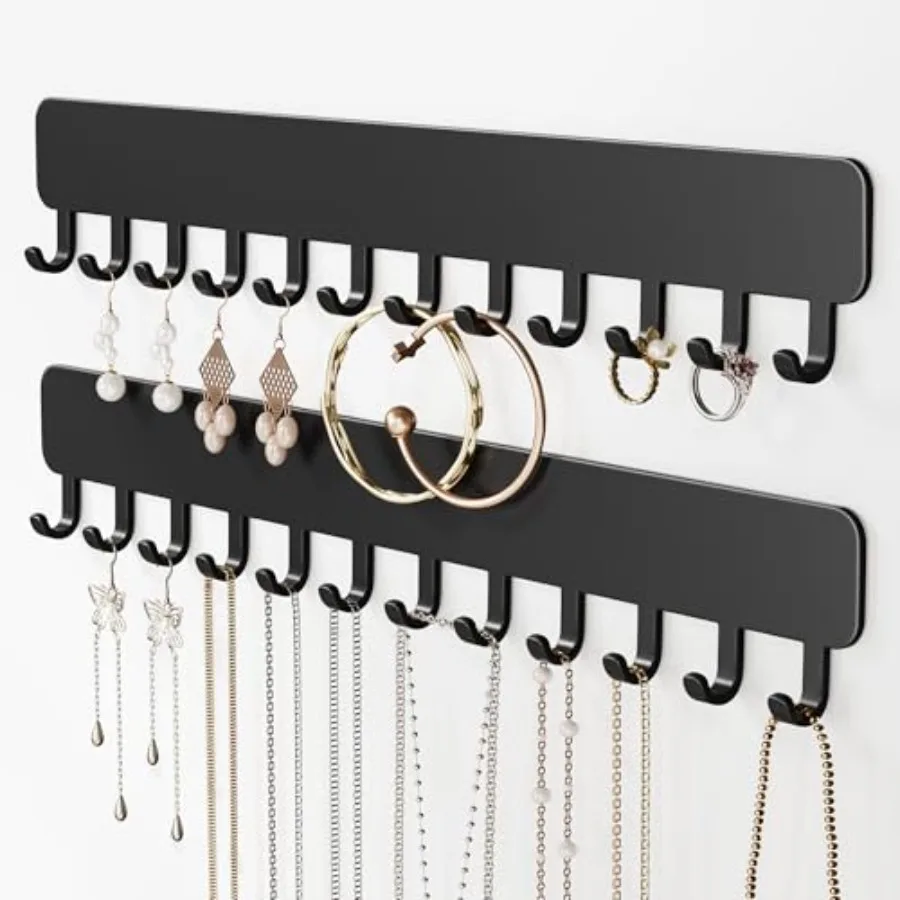 Wall-Mounted Jewelry Organizer, Self-Adhesive Hanging Holder with Hooks for Necklaces, Bracelets, Earrings - Display Storage fo