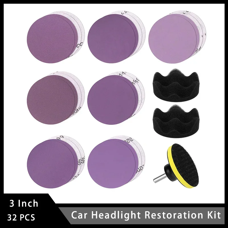 Car Headlight Restoration Kit 3 Inch 32Pcs with Hook and Loop Sanding Plate Sponge Pad for Polishing Wood Metal Car Body