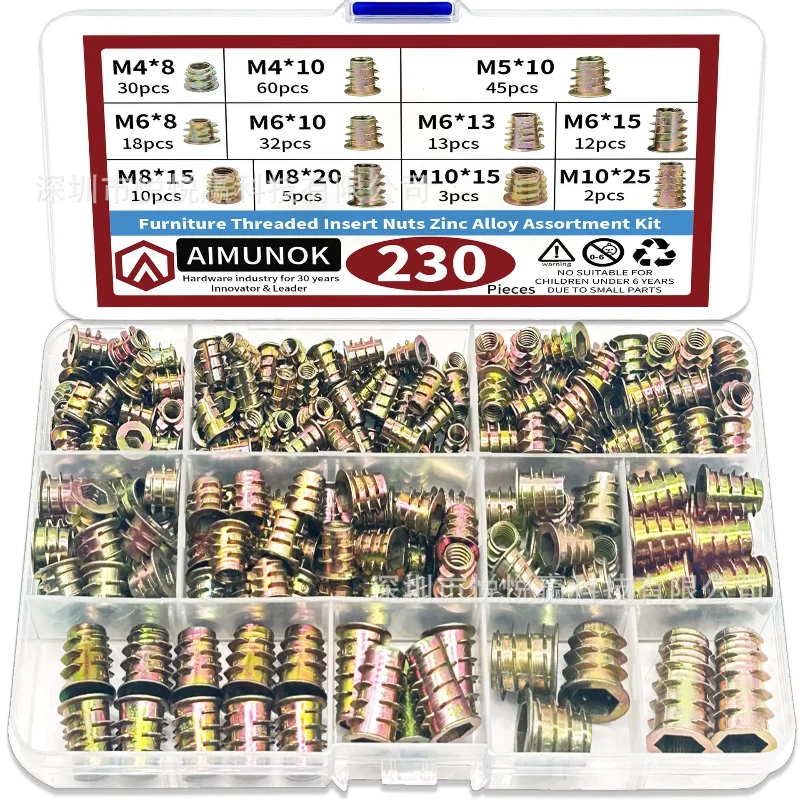 230PCS Medium Zinc Alloy Inner and Outer Teeth Nuts Threaded Insertion Inserts M4/M5/M6/M8/M10 Trapezoidal Nuts