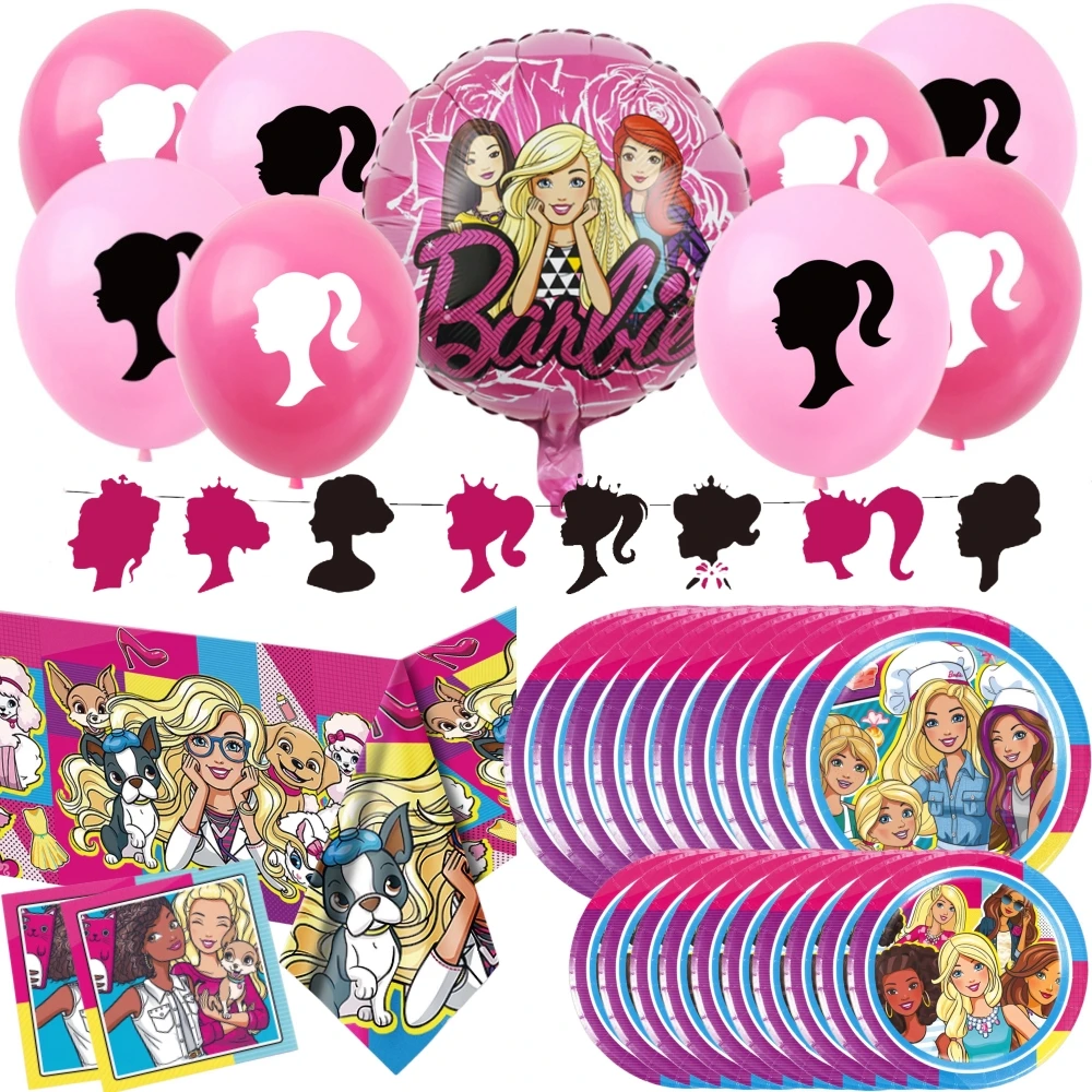 Barbie Party Decorations Balloons Set Princess Paper Plates Napkins Banner Tablecover Pink Barbie Girl Birthday Party Supplies