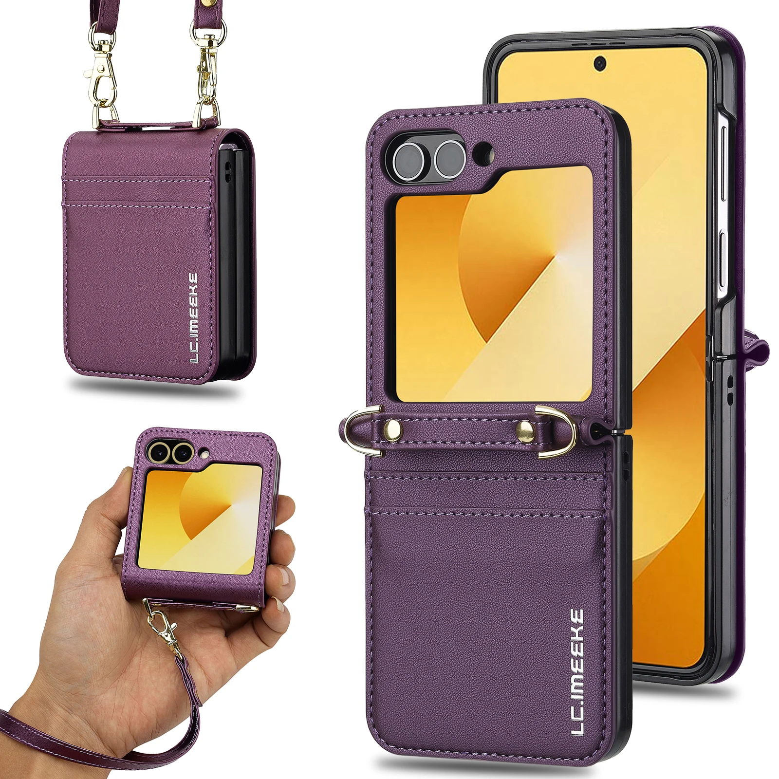 

For Samsung Galaxy Z Flip 6 5 4 3 5G Leather Wallet Phone Case Multi Functional Card Slot Bracket Hanging Rope Shockproof Cover