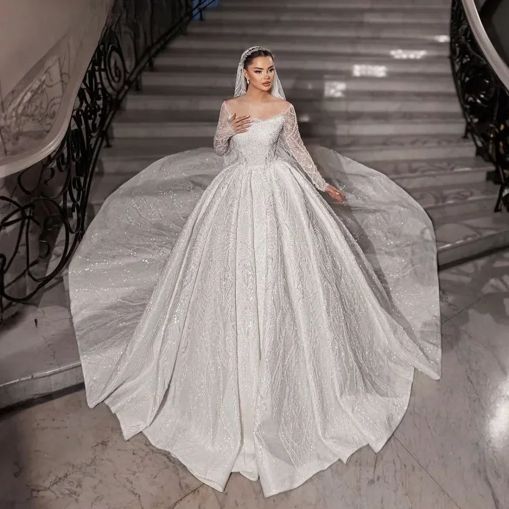 

Luxurious Sparkling A-Line Lace Beaded Wedding Dress Sexy Off Shoulder With Transparent Long Sleeve Bridal Ball Dress Customized
