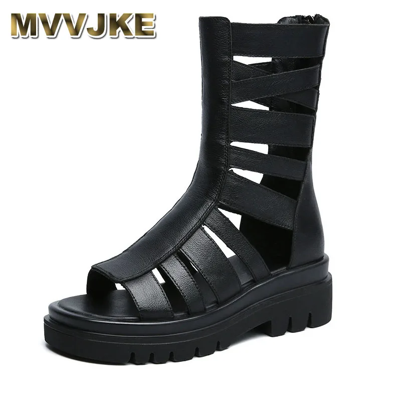 

Casual Thick Heel Roman Style Women's Sandals Leather Slip-On Platform Pumps Fish Mouth Flat Boots Spring Summer