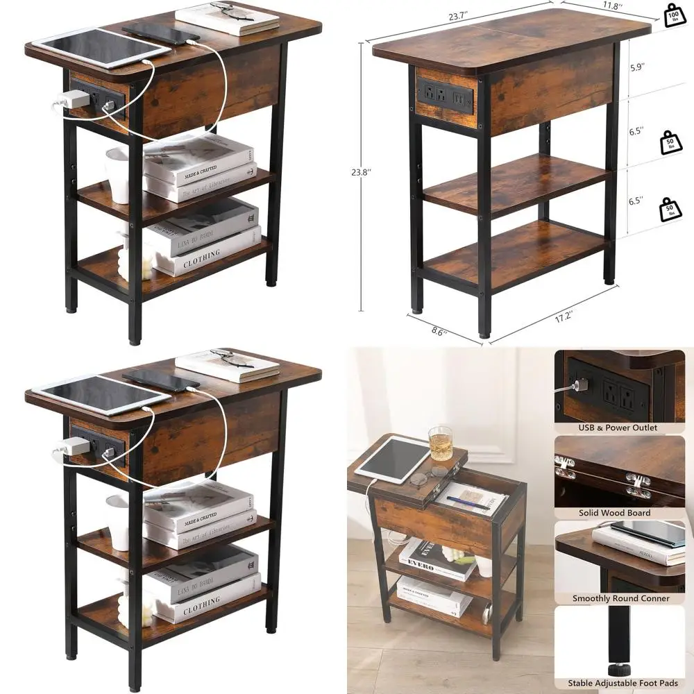 

Compact Rustic Brown Bedside Table with Charging Station and Storage Shelf for Living Room and Bedroom