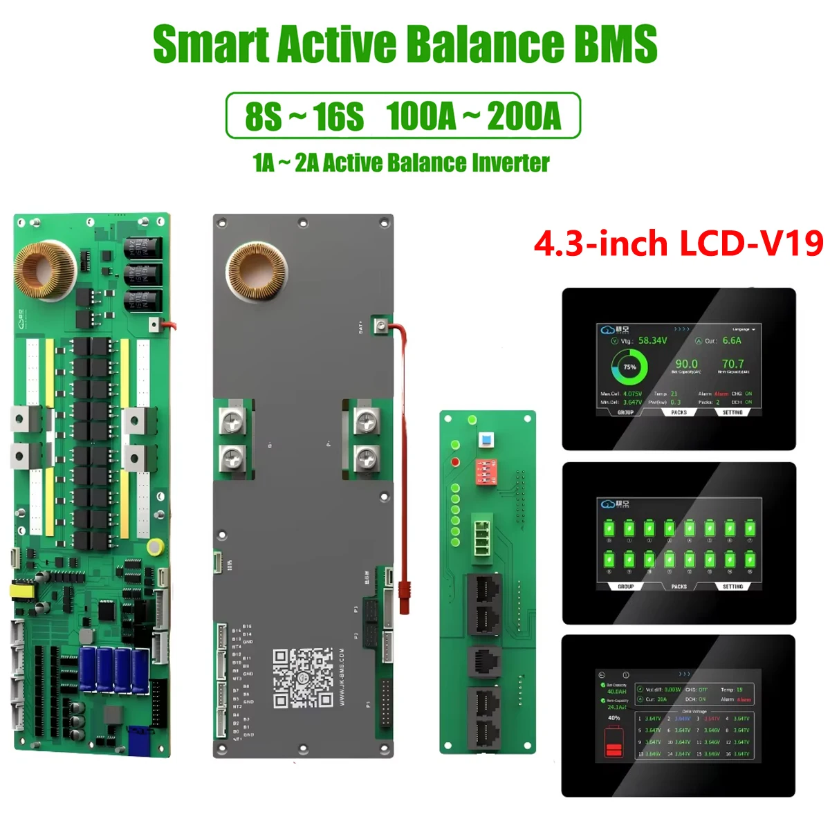 JK Inverter BMS 1A 2A Active Balance with V19 4.3 LCD 16S 48V Lifepo4 Li-ion LTO Batteries RS232 Energy Management System JIKONG