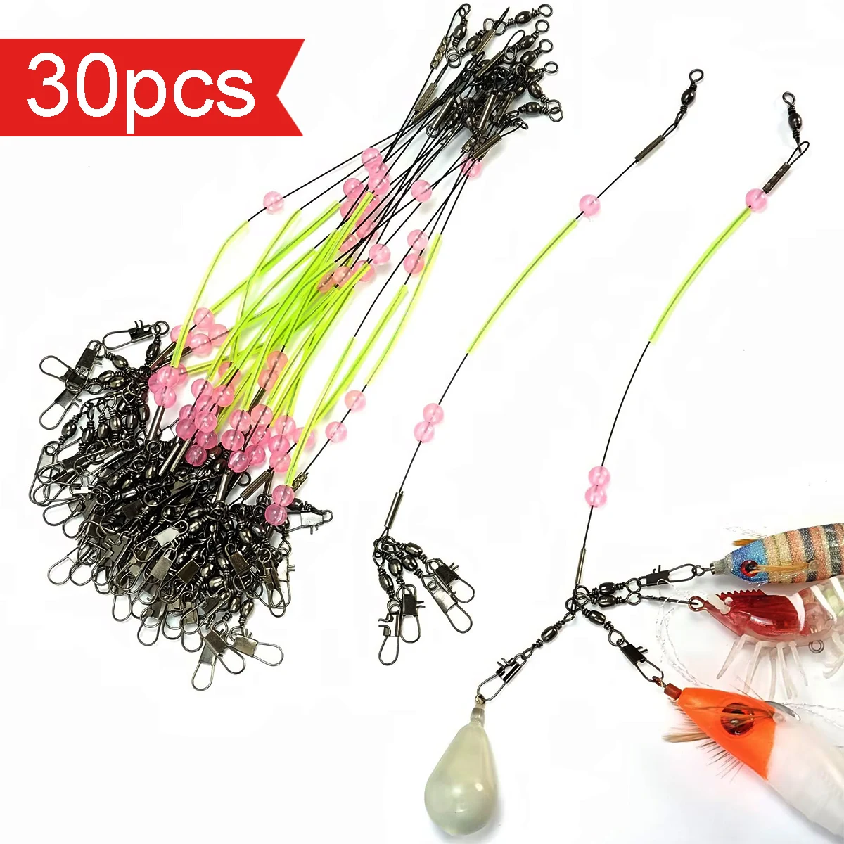 30pcs Pre-tied Sabiki Fishing Rig Anti-Tangle Saltwater Rock Fishing Tackle with Glow Beads Swivels Quick Snaps