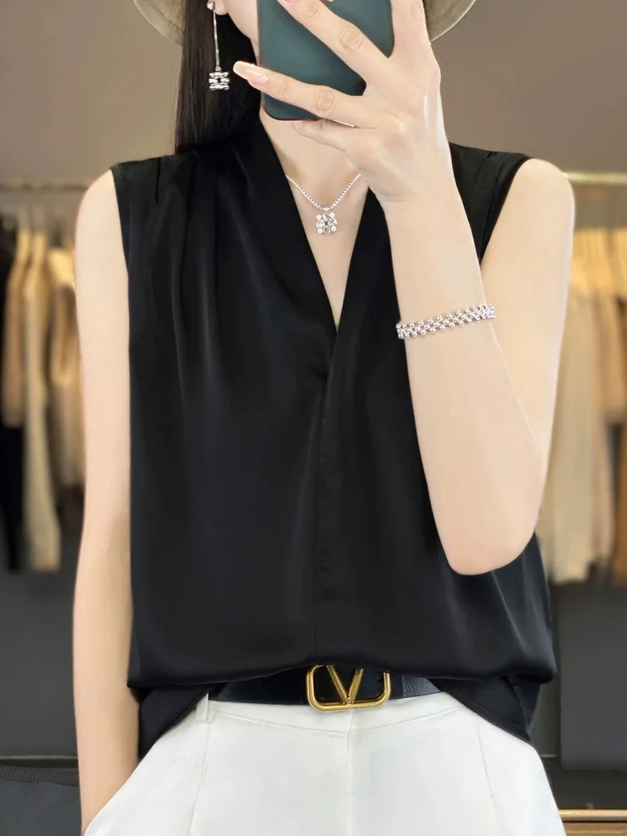 Ele V-Ne Silk Acetate Satin Women's Tank Top Svel Summer irt Inner Wear Casual Comfortable Loose Fit  Color