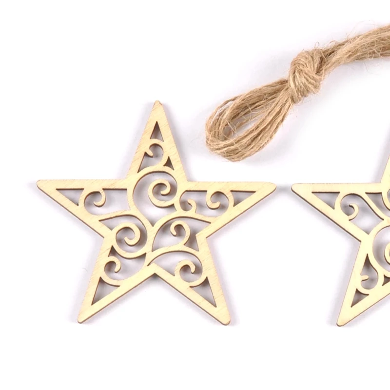 Unfinished Moon Star Heart Hollow Wooden Chips 10 Pcs Unfinished Chip for DIY Eid Ornament Hanging Pendant 45BE