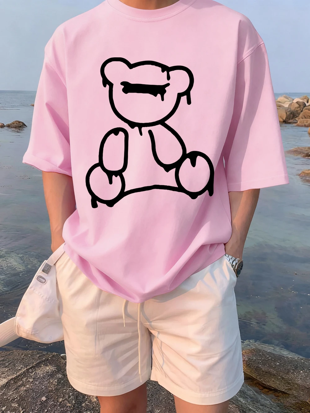 

The Melting Cartoon Bear Prints T-Shirts Womens Cotton Summer Short Sleeve Tees Soft Loose O-Neck Tops Casual Womans Clothes