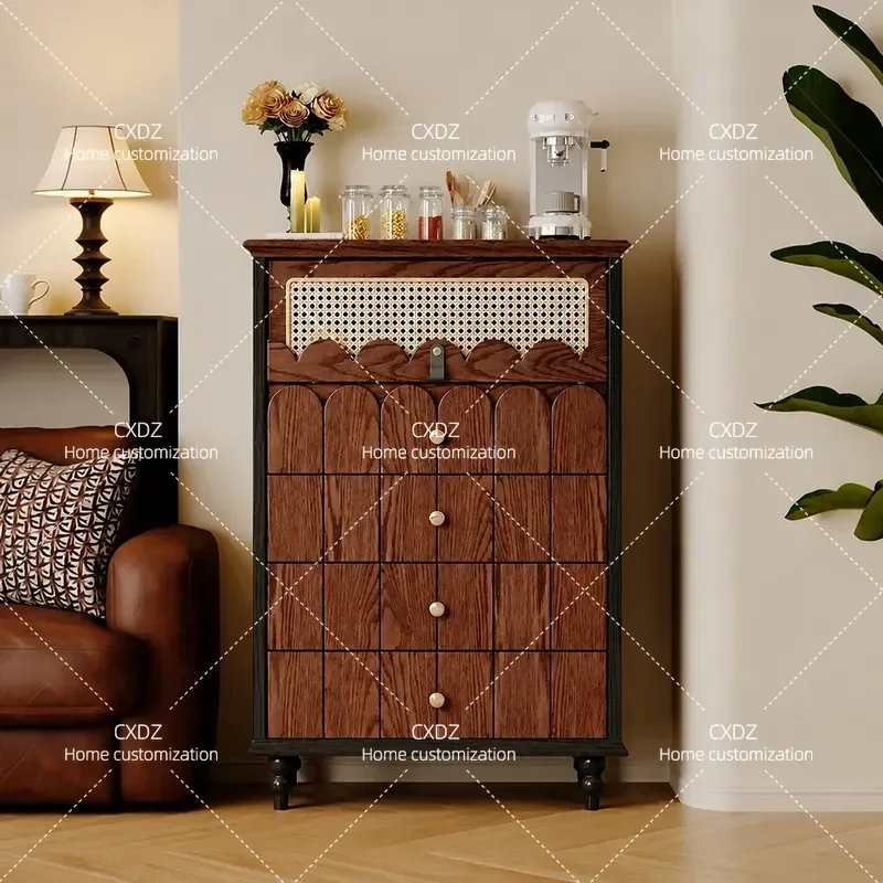 French Retro Solid Wood Rattan Chest of Drawers Antique Style Living Room Storage Cabinet Organizer Locker Home Furniture