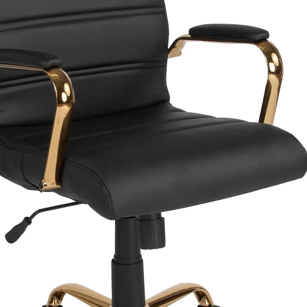 Whitney Mid-Back Desk Chair - Black LeatherSoft Executive Swivel Office Chair with Gold Frame - Swivel Arm Chair，24Dx23Wx40.75H