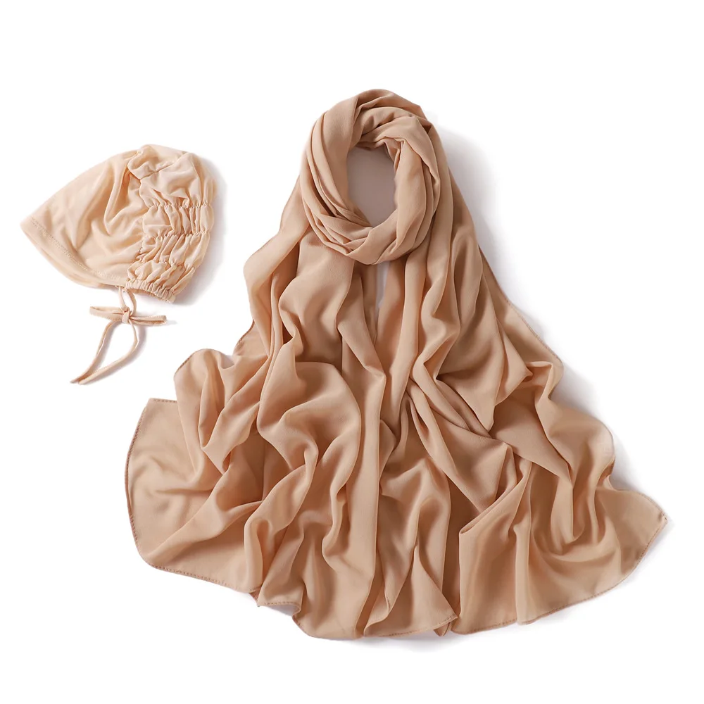 

Elastic Undercap Pearl Chiffon Scarf 2PCS Set Muslim Hijab Women Long Shawl Wrap Scarf Turban Headscarf Underscarf Headband New