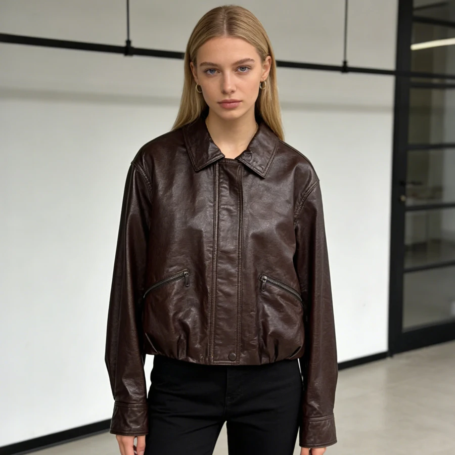 

Real Leather Bomber Jacket For Women Natural Sheepskin Coat Spring Jacket Luxury Lambskin Leather Jacket