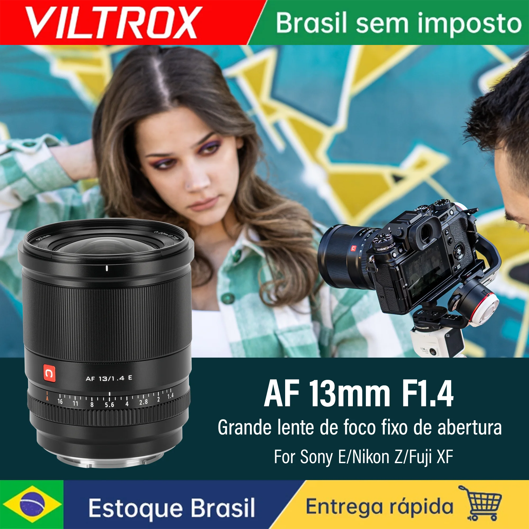 Lente VILTROX 13mm F1.4 para Montagem Sony E Nikon Z Fuji X Lente de Grande Abertura Autofoco Ultra Grande Angular para Câmera Vlog APS-C zve10