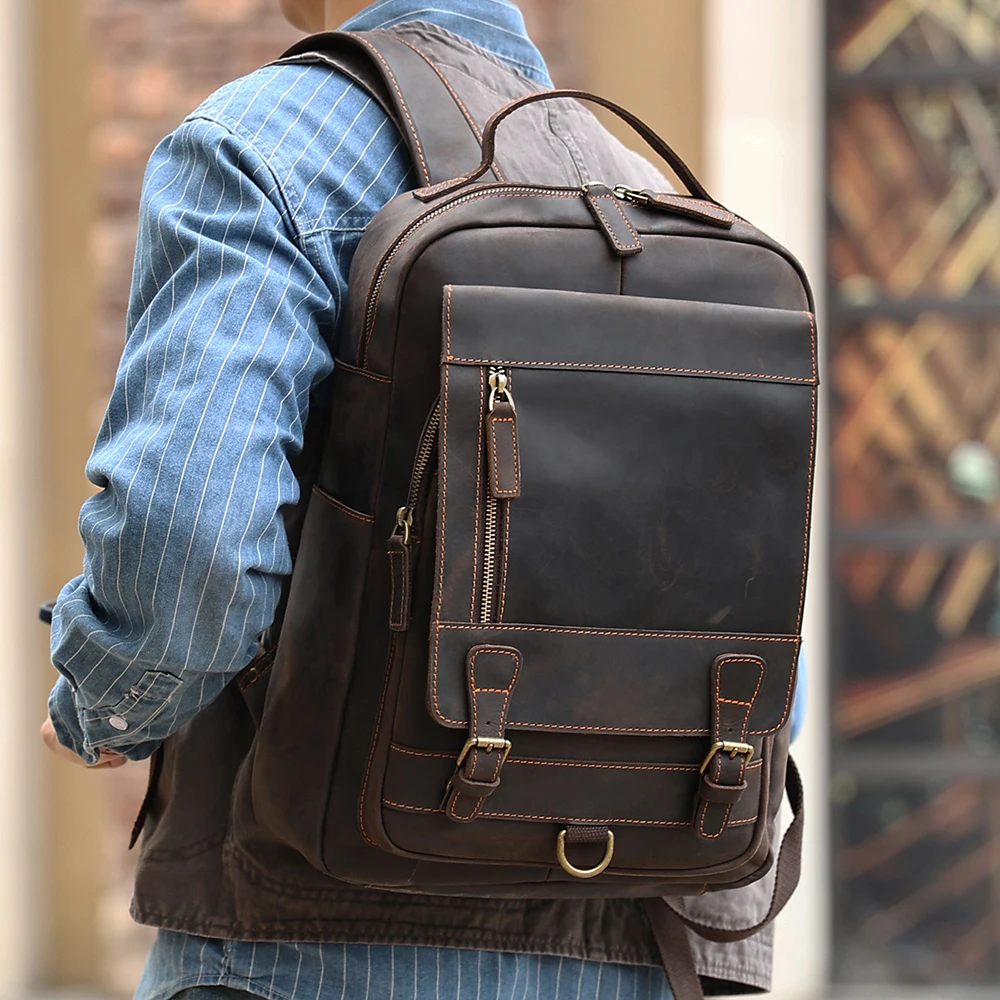 Crazy Horse  Business Computer Male Backpack Outdoor Travel Bag Vintage Genuine Leather Men's Backpack