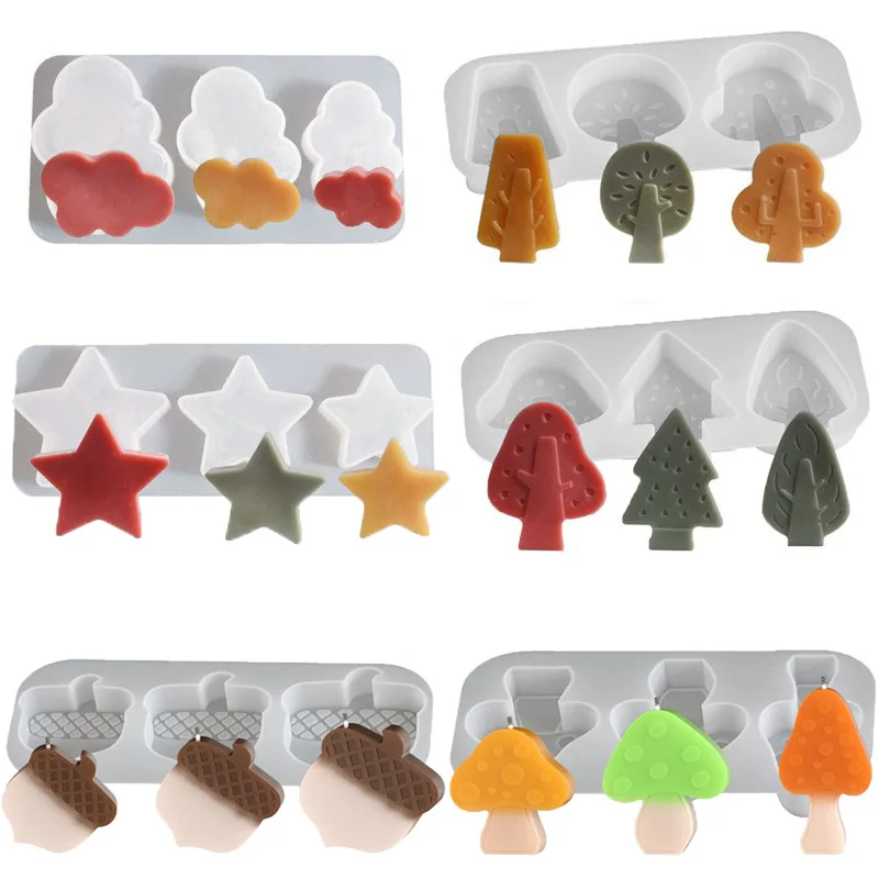 Mould 3D Triple Tree Scented Candle Silicone Mold DIY Drip Wax Crafting 3-Piece Set Star Cloud Mushroom Pinecone Ornament Molds