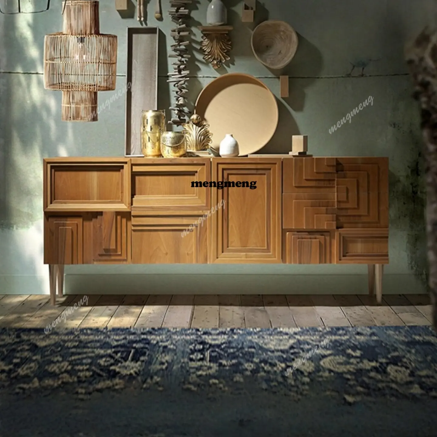 

French solid wood dining side cabinet carved geometric shape locker living room retro storage cabinet foyer entrance cabinet