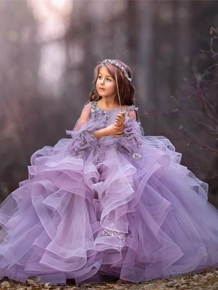 New Flower Girl Dresses For Wedding Lace 3D Floral Appliqued Little Girls Pageant Dress Tiered Skirts Vestidos De Desfile