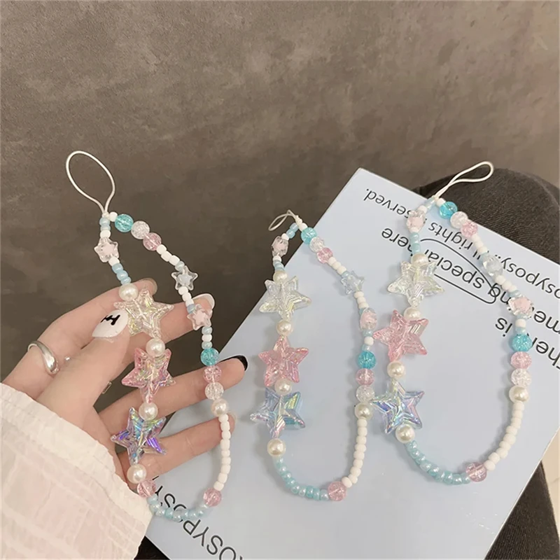 

Корейские милые цепочки для телефонов с блестящими звездами для iPhone, женские и женские милые ювелирные изделия, ремешок с жемчужинами, шнурок, подвесной шнур, браслет, очаровательные