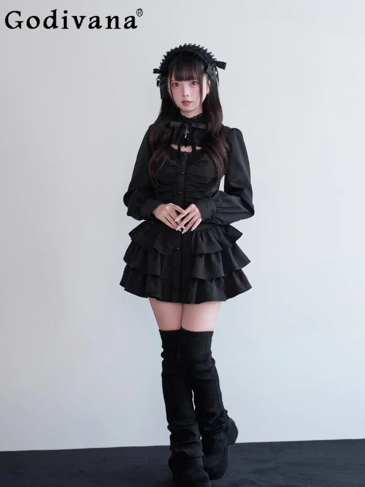 IMU Original Subculture Mine Mass-Produced Black Dress and Shorts 2-Piece Set Spring and Autumn Women's Slim Lolita Top Shorts S