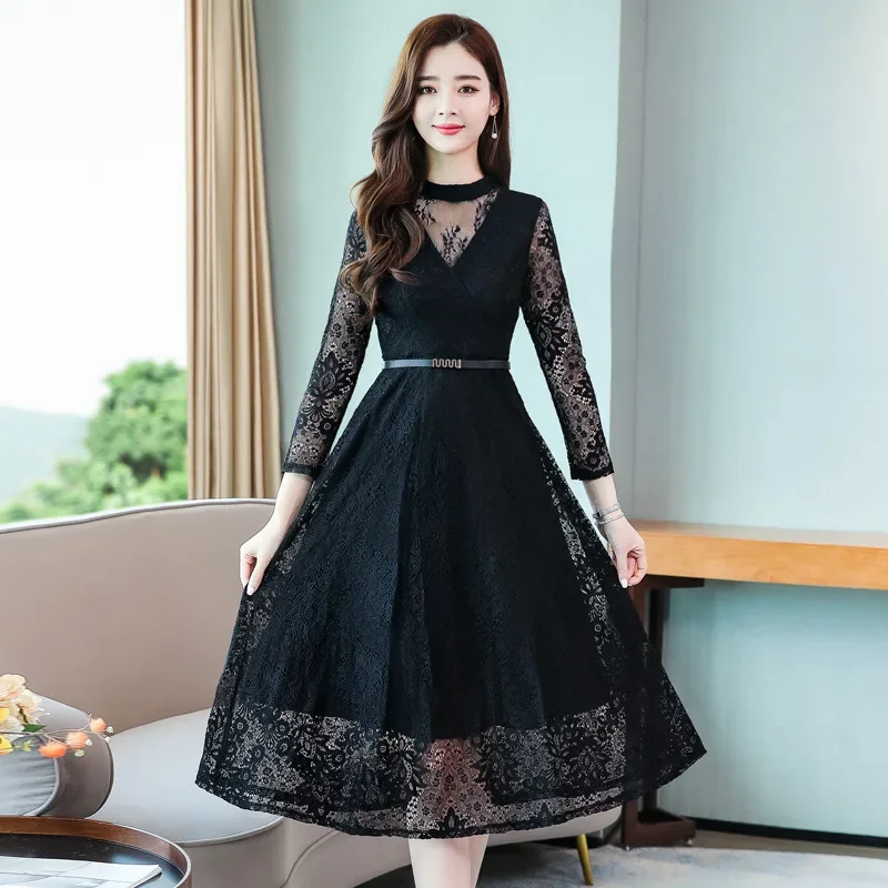 

Spring Autumn Elegant Fashion Perspective Spliced Lace Dress Women Long Sleeve Temperament Waist A-line Reobe Lady Sexy Vestidos