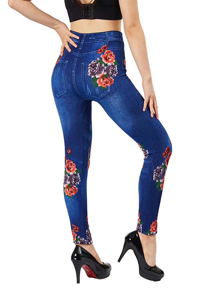 CUHAKCI Women Rose Print Elastic Blue Jeggings Fake Pocket Casual Workout Yoga Leggings Slim Fit Faux Denim Female Pencil Pants