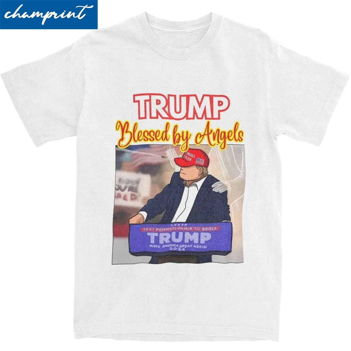 Funny Trump Blessed By Angels T-Shirt Men's Round Neck Short Sleeve Clothes Trump Shooting 2024 Cotton Summer Tops Shirts