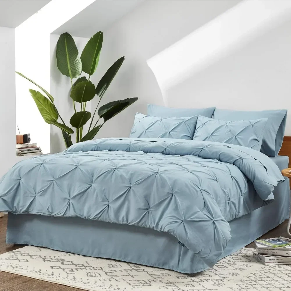 Ensemble de literie bleu clair avec couettes, draps, taies d'oreiller, couvre-lit King, plissé par pincement, Cal, 7 pièces