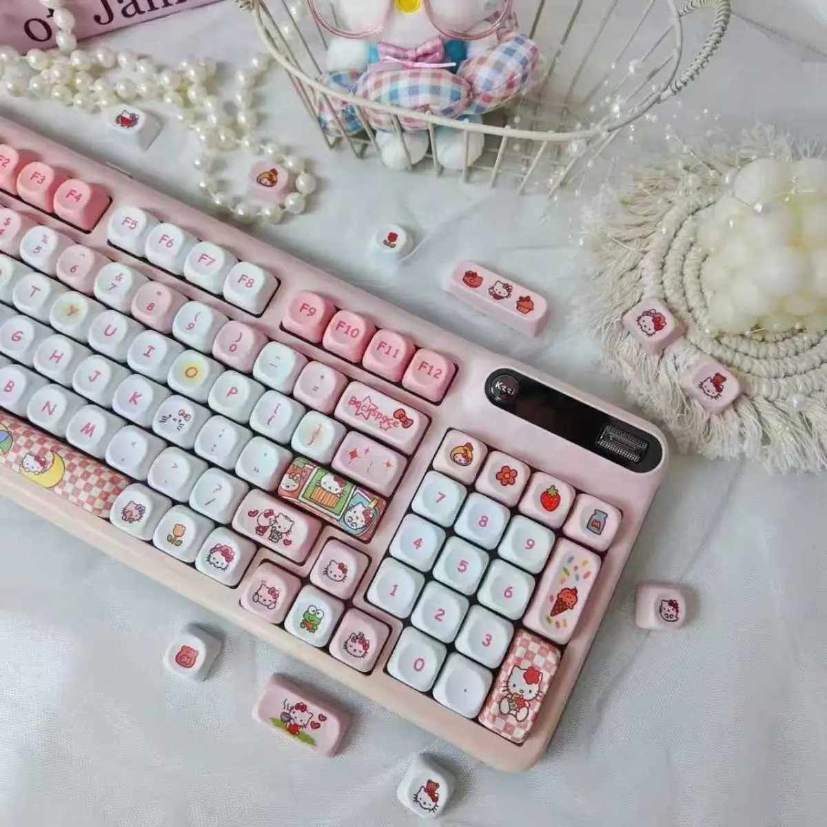 Kawaii Sanrio Hello Kitty Themed Keycaps MOA Profile PBT Sublimation Custom Keycap Set for Mechanical Keyboards with MX Switches