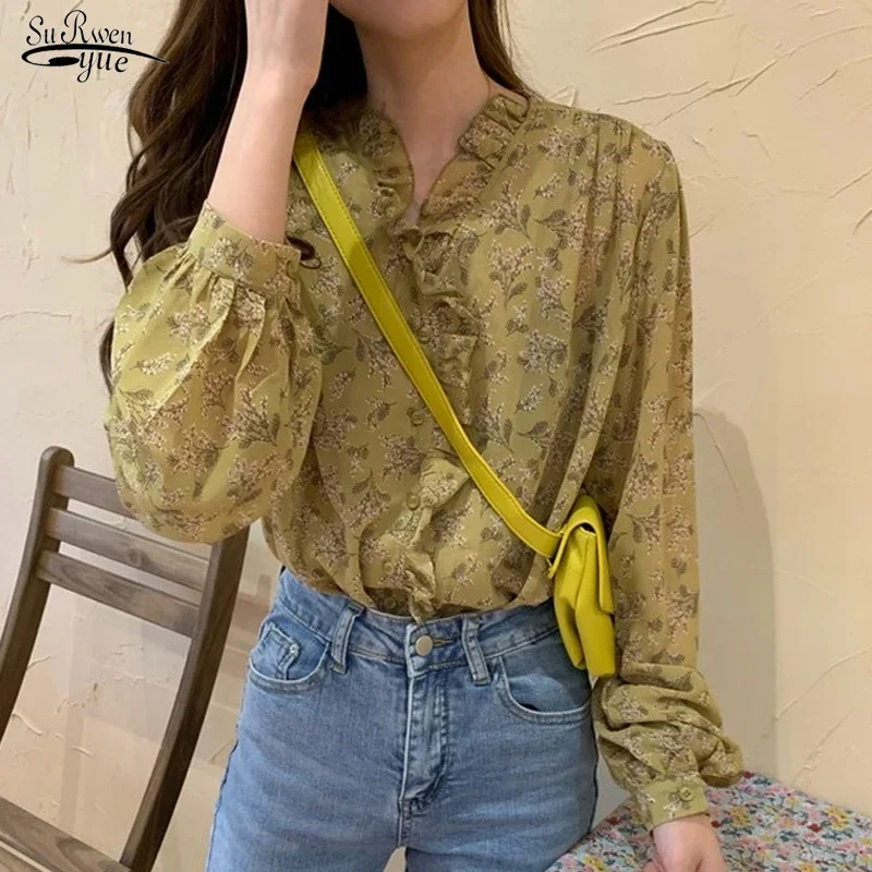 Autumn New Long-Sleeve Cardigan Shirt Korean Elegant Floral V-neck Chiffon Shirt Women Puff Sleeve Shirt Chemisier Femme 10314