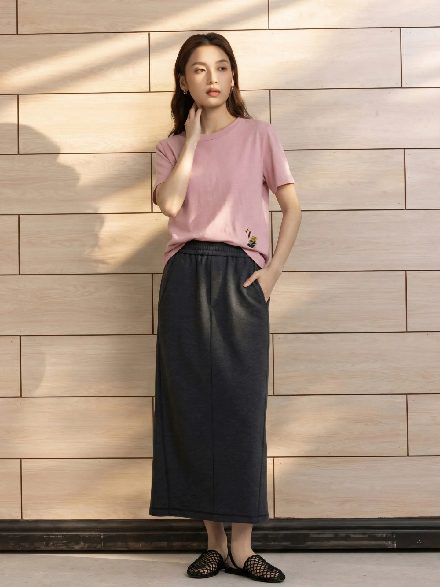 

Slimming A-Line Skirt with Elastic Waist Korean Style Polyester Fiber Ladies mid Waist Skirt 24C10299 by ZONE