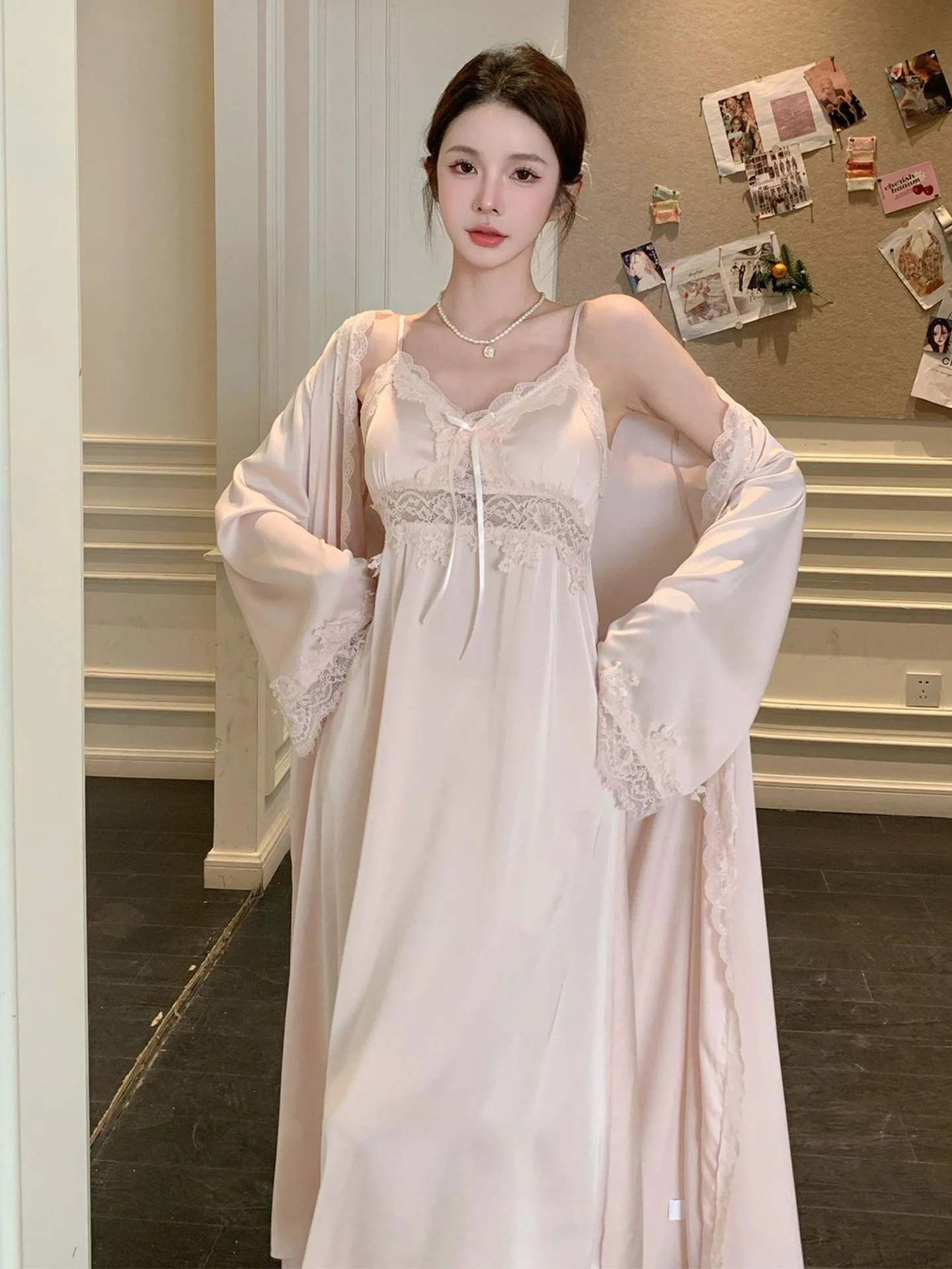 sexy-lace-long-silk-sleepwear-women's-chemise-nightgown-with-chest-pad-morning-robe-two-piece-set-home-clothes-v-neck-loose-fit