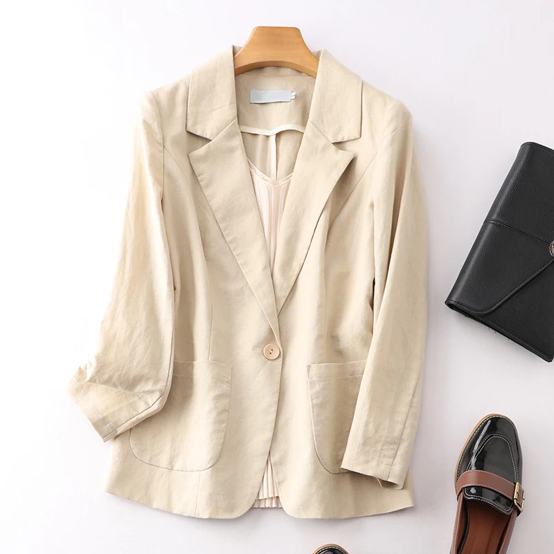 Cotton Linen Blazer Jacket Women Summer Outwear High Quality Solid Single Button Notched Blazer Suits Women's Long Sleeve Top
