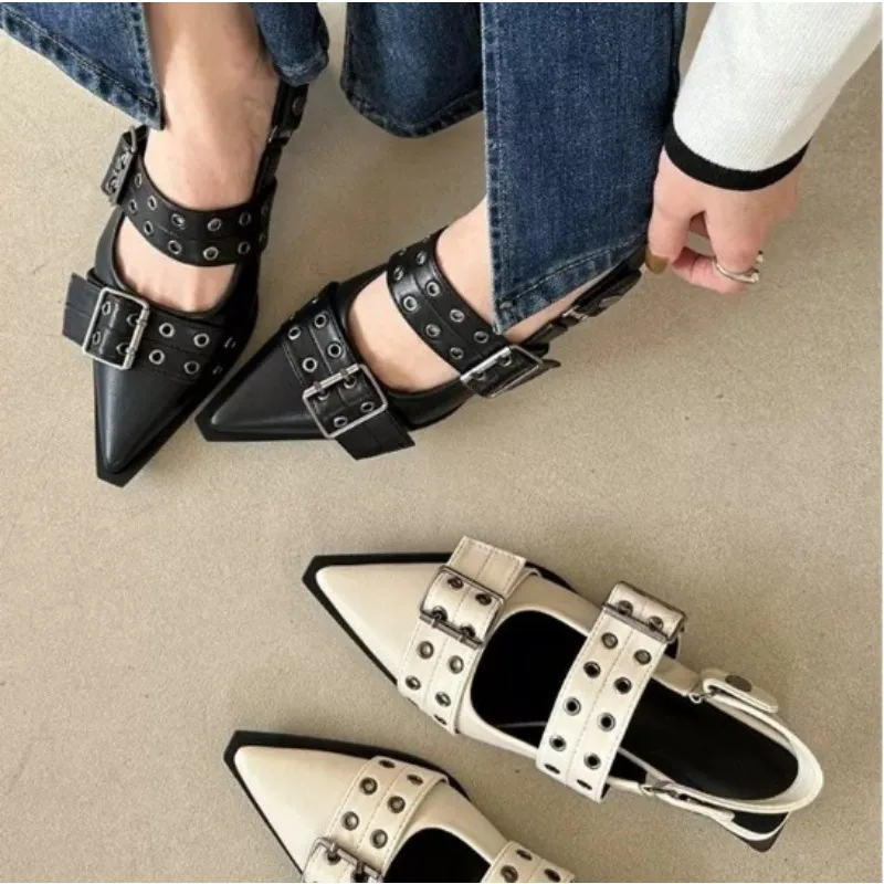 Women's New French Style Pointed Toe Mary Jane Shoes Retro Medium Thick Heel Shoes for Women with Skirts and Small Leather Shoes
