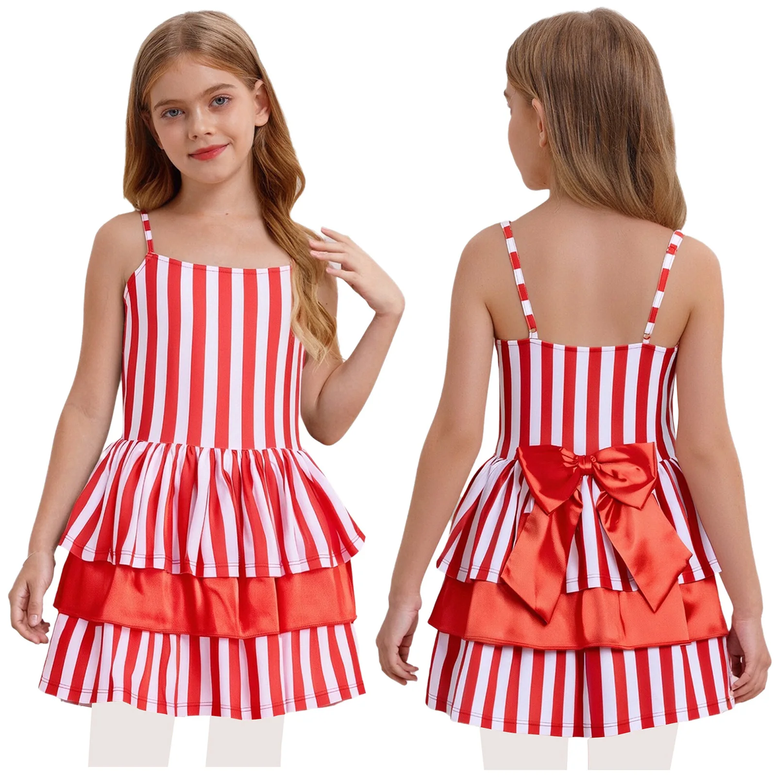 Vestido tutú de baile de Ballet a rayas para niñas, tirantes finos, volantes en capas, patinaje, leotardo gimnástico, disfraz de actuación de fiesta de Carnaval