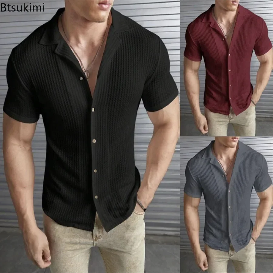 Spring Summer New Men's Short-sleeved Waffle T-shirts Fashion Solid Slim Single Breasted Lapel Cardigan Tops Casual Shirts Male