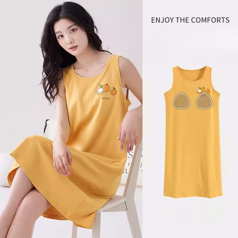 Korean Style Women Sleeveless Vest Nightgown With Chest Pad Summer Mid Length Cartoon Bear Print Casual Loungewear Sleep Dress