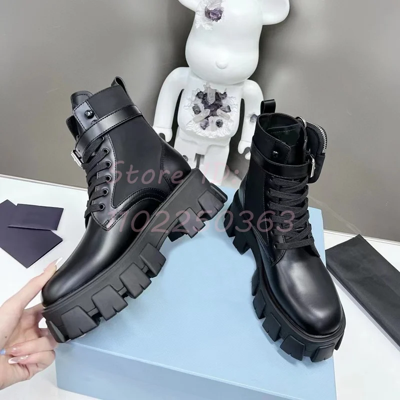 Thick Pocket Boots Round Toe Leather Punk Black Flat Solid Fashion Women Shoes Luxury Height Increasing 2024 Hot New Arrival