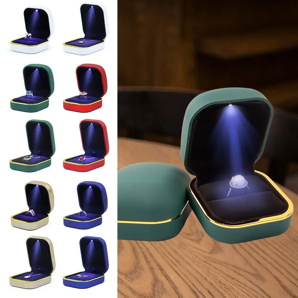 

Matte Jewelry Storage Box with LED Light Round Edge Pendant Necklace Organizer Earrings Ring Display Case for Proposal Surprise