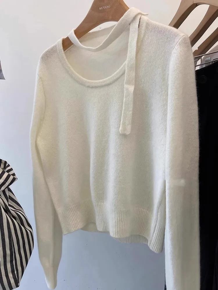 سترة محبوكة بأكمام طويلة وشريط معلق برقبة أرجوانية للنساء في الخريف والشتاء، سترة قصيرة راقية وفضفاضة