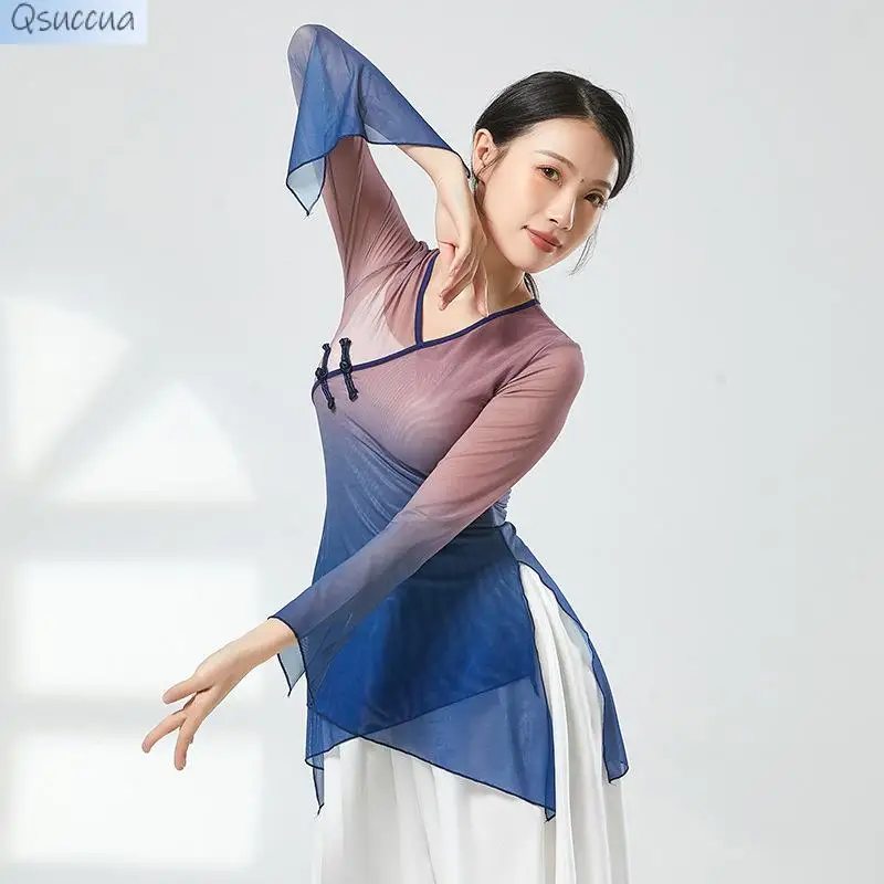Mulheres Tops de Dança Clássica, Roupas Elegantes de Prática, Roupas de Performance Gradiente, Rima Corporal Gaze