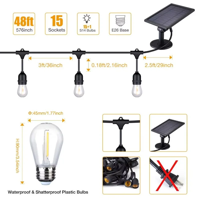S14 Solar String Lights Outdoor Waterproof Retro Hanging Fairy Garlands For Garden Backyard Home Party Decorative Lights