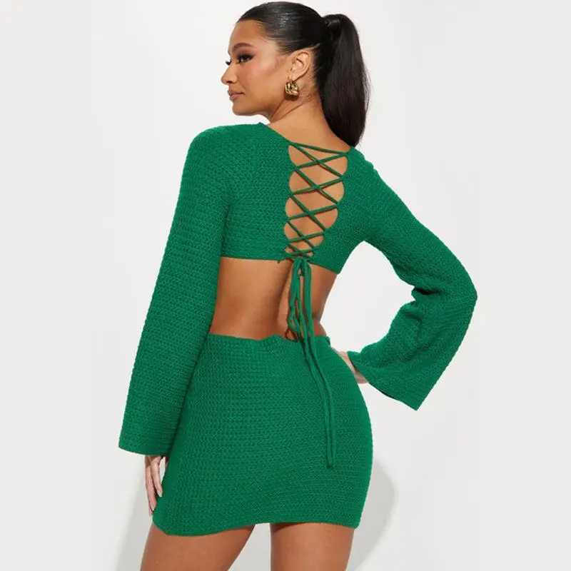 Novedad de verano, falda de Color sólido para mujer, Bikini de playa calado de punto Sexy, traje de baño para cubrir, ropa de protección solar