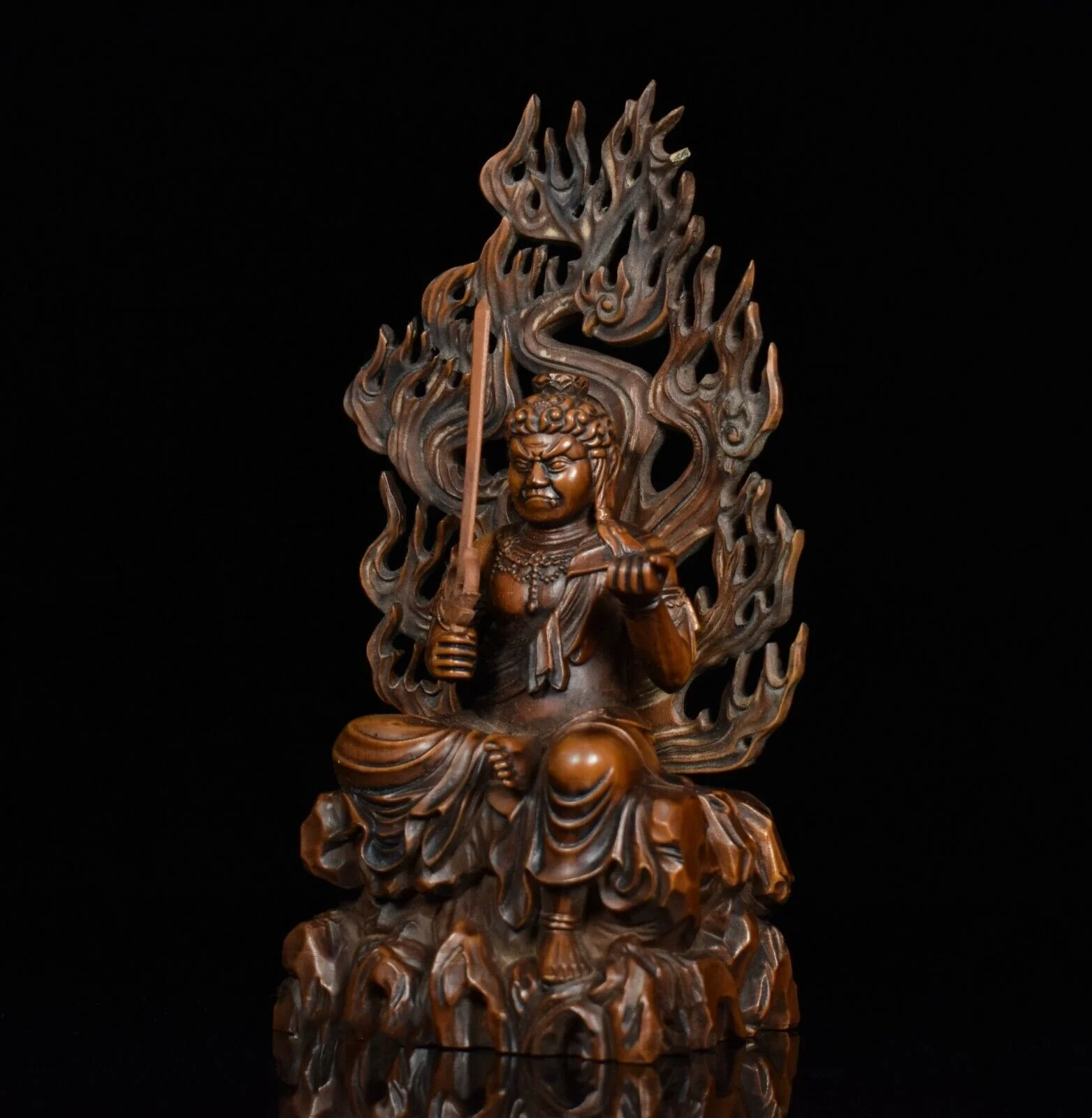 7" Old Tibetan Buddhism Fine Hand Carved  Wood Carved Fudo Myo-o Acalanatha Buddha Statue