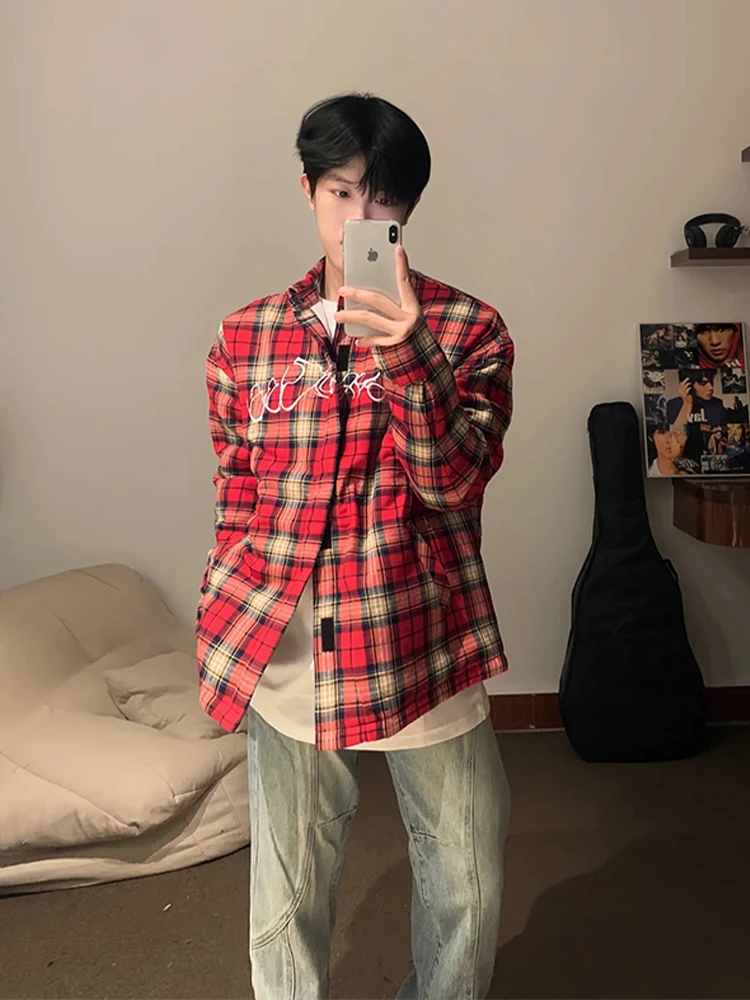 

Cleanfit American Retro Red Plaid Long Sleeve Men's Shirt 2024 New Embroidered Hip Hop Jacket Loose Fit Youth Trend Spring