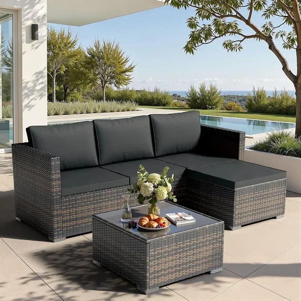 5-Piece Outdoor Patio Sectional Sofa Set with Wide Armrests - All-Weather Wicker Rattan for Garden, Poolside, and Balcony
