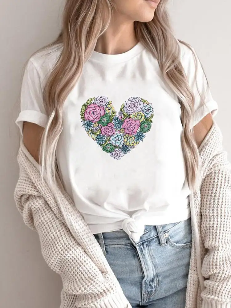 Sweet Love Heart Trend Cute Women Short Sleeve Fashion Summer Graphic Tee Print Clothing T-shirts Cartoon Shirt Female T Top